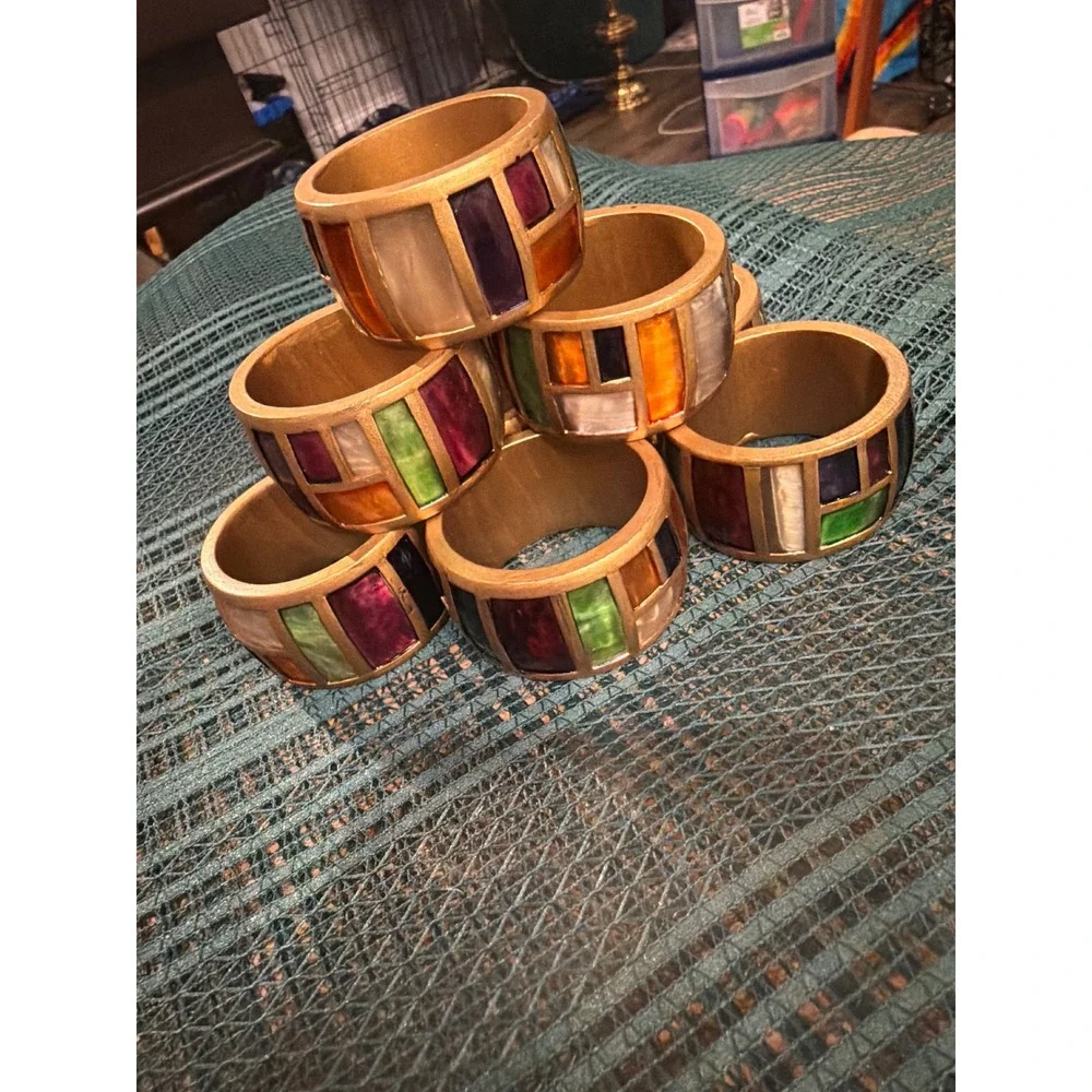 Set of 8 Stained Glass Style Mosaic Napkin Rings Gold Tone Jewel Tones Geometric